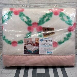 Golden Dawn Wedding‎ Rose Wreath Greenery Pink Flower Blanket 72x90 Penney's Vtg